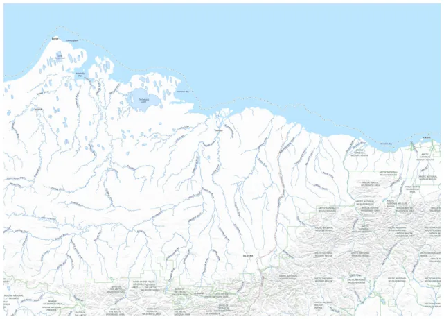 Geographic plate of Alaska’s North Slope on USGS National Map imagery: the Beaufort Sea across the top, the coastal plain cut by north-flowing rivers, and foothills along the bottom edge.