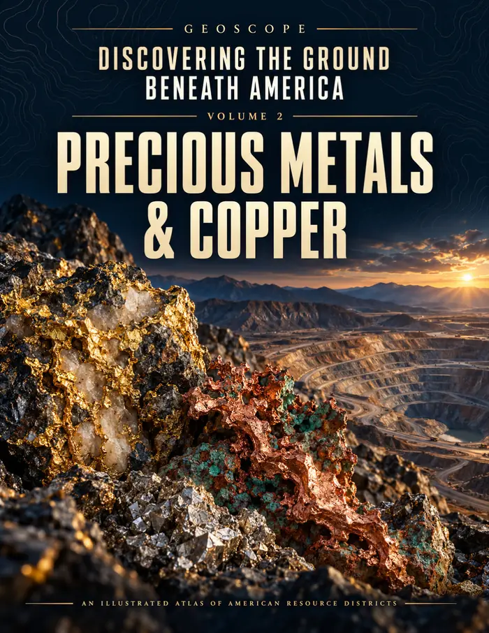 Cover of GeoScope Volume 2, Precious Metals & Copper: a close-up of gold and copper-bearing ore against a desert canyon.